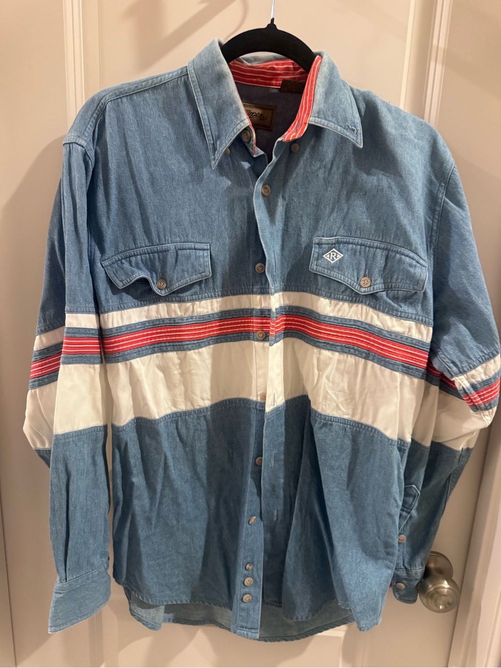Men's Denim Button-Down Shirt with White and Red Stripe Accents